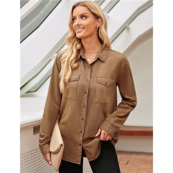 Women's Button Down Denim Shirt Collared Casual Long Sleeve Pocket Top, Brown - Picture 5 of 6